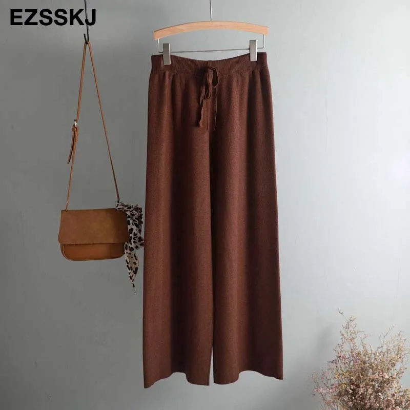 2020 Autumn Winter New Thick Casual Straight Pants Women Female Drawstring Loose Knitted Wide Leg Pa