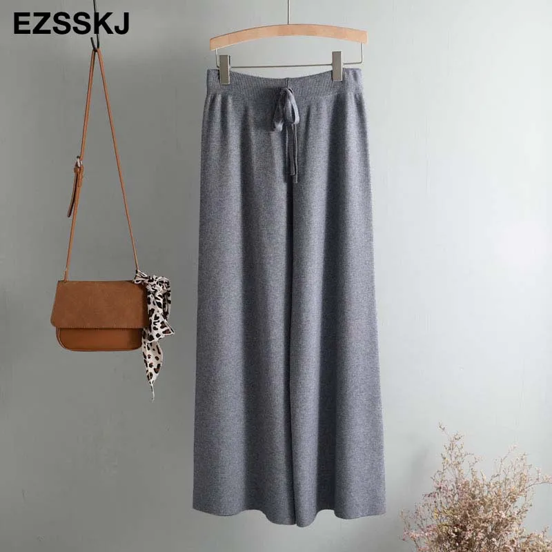 2020 Autumn Winter New Thick Casual Straight Pants Women Female Drawstring Loose Knitted Wide Leg Pa