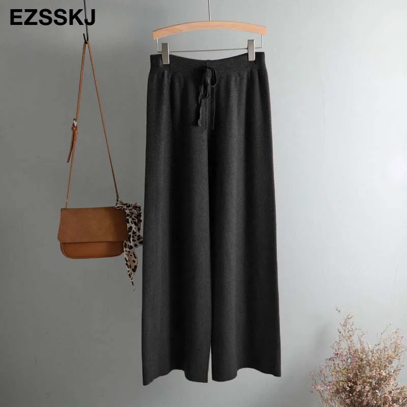 2020 Autumn Winter New Thick Casual Straight Pants Women Female Drawstring Loose Knitted Wide Leg Pa