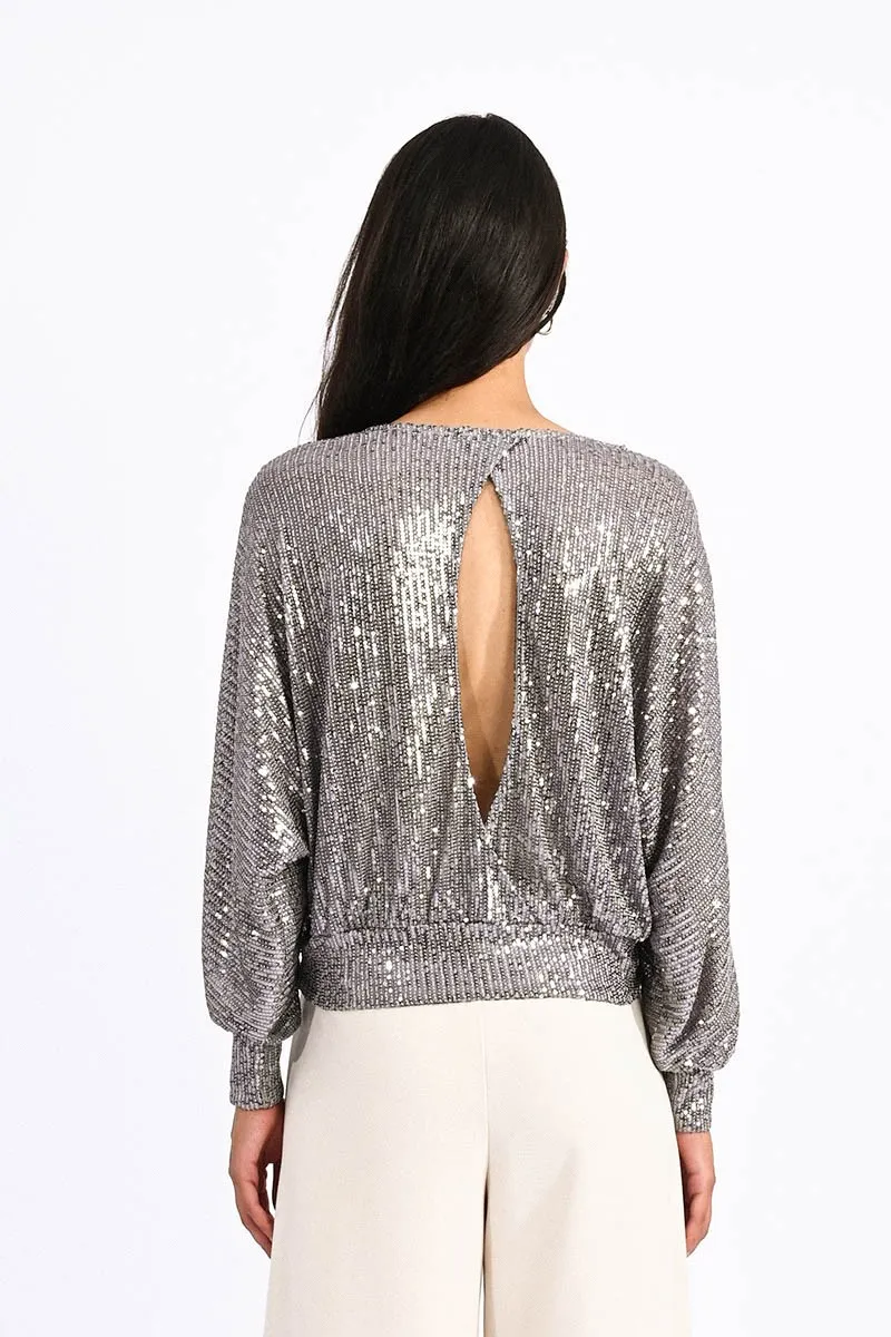 Abby Sequin Open Back Top in Silvery Grey