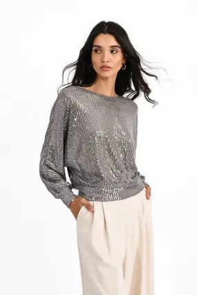 Abby Sequin Open Back Top in Silvery Grey