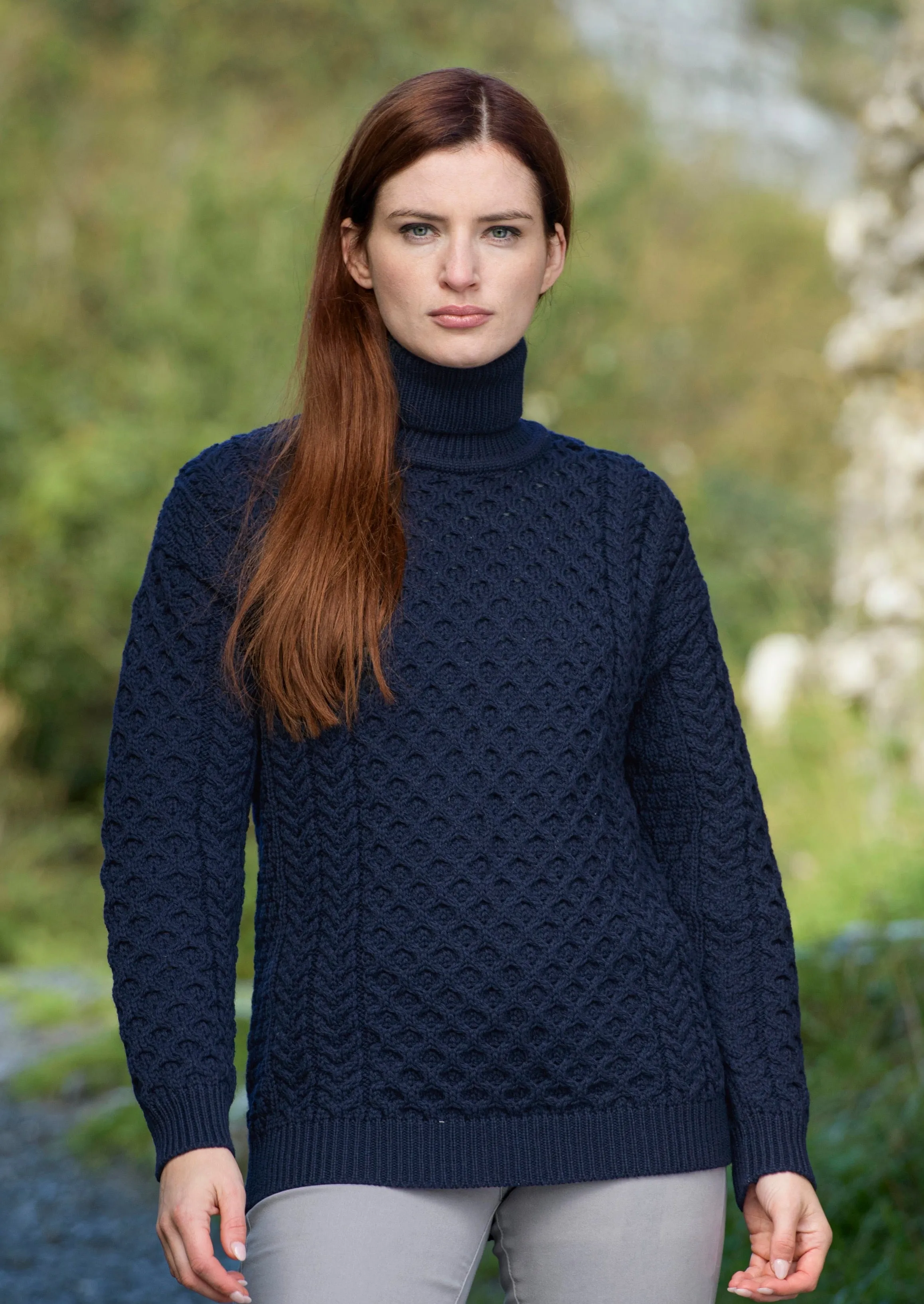 Aran Merino Polo Neck Sweater | Navy