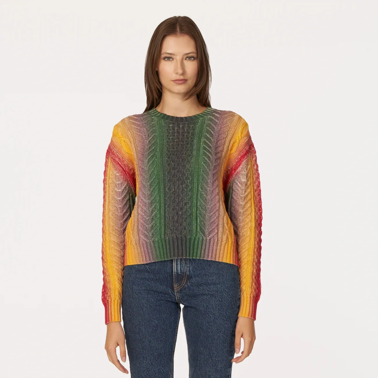 Autumn Cashmere - Gradient Striped Cable Crew - Bright Combo