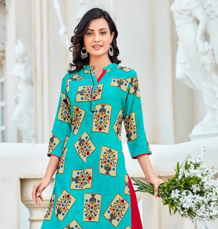 Blue Printed Mandarin Neck Rayon And Cotton Mix Kurti