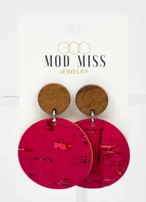 Cork Leather Round Earring Hot Pink