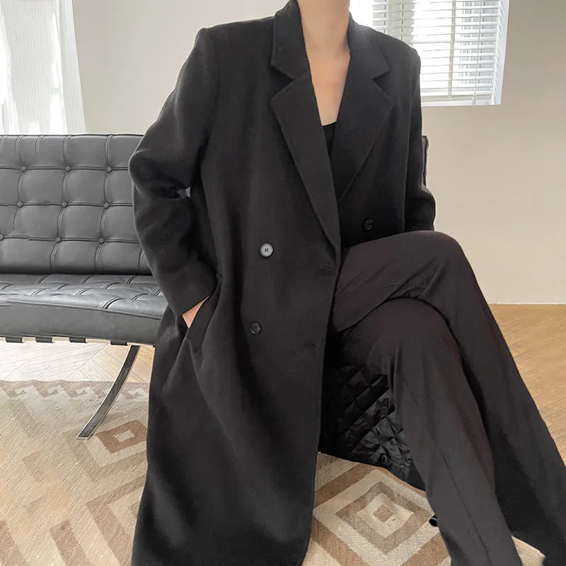 Double Breasted Oversized Long Wool Coat Black