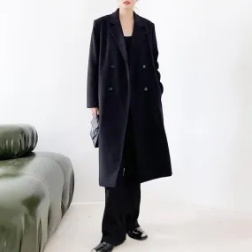 Double Breasted Oversized Long Wool Coat Black