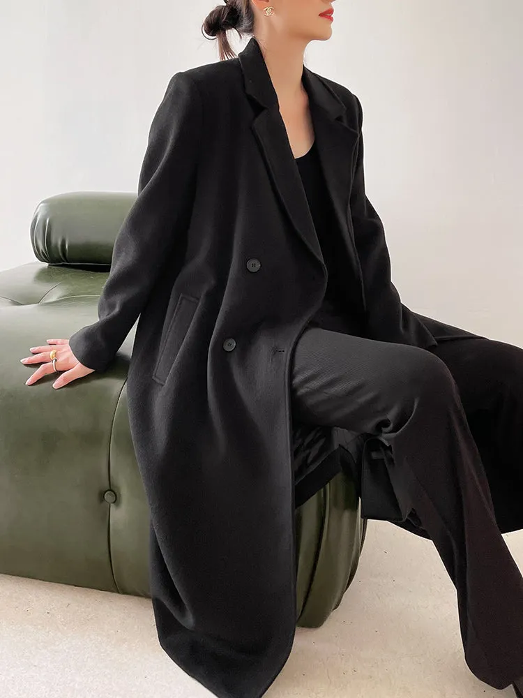 Double Breasted Oversized Long Wool Coat Black