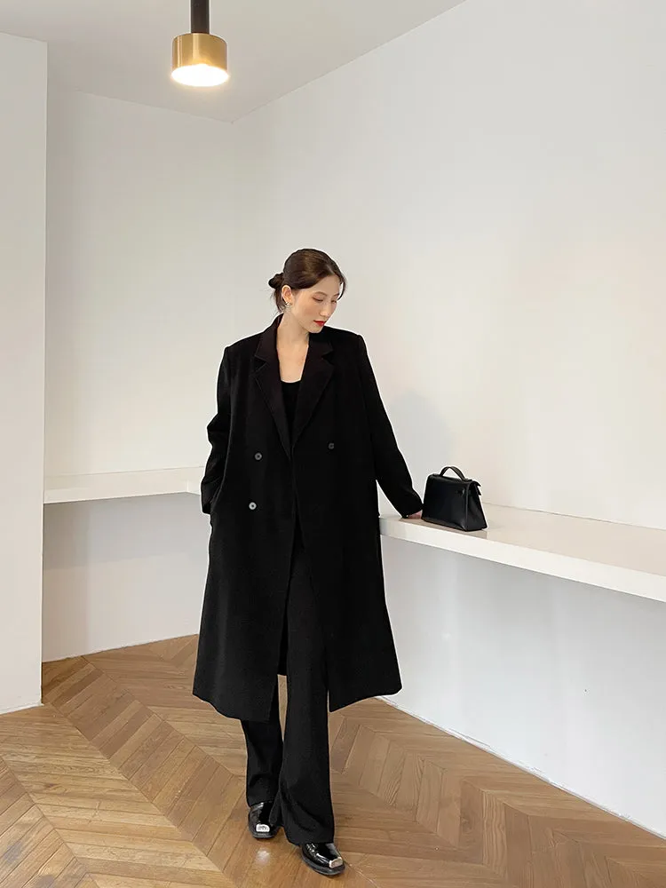 Double Breasted Oversized Long Wool Coat Black