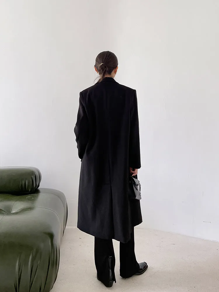 Double Breasted Oversized Long Wool Coat Black