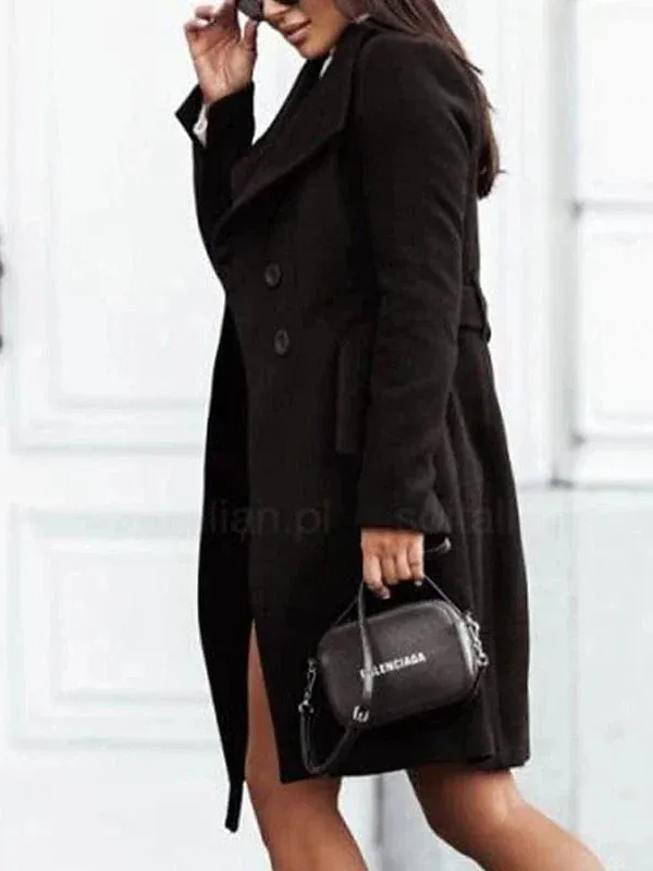 Elegant Belted Women's Winter Pea Coat with Removable Fur Trim