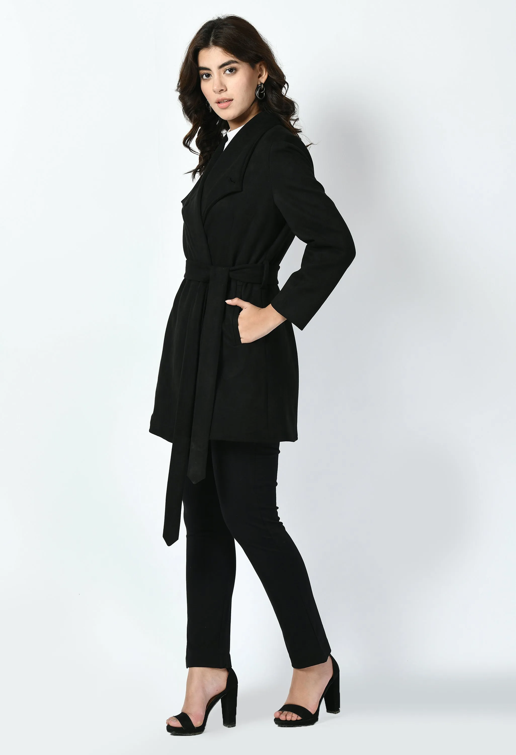 Exude Spark Suede Leather Medium Wrap Coat (Black)