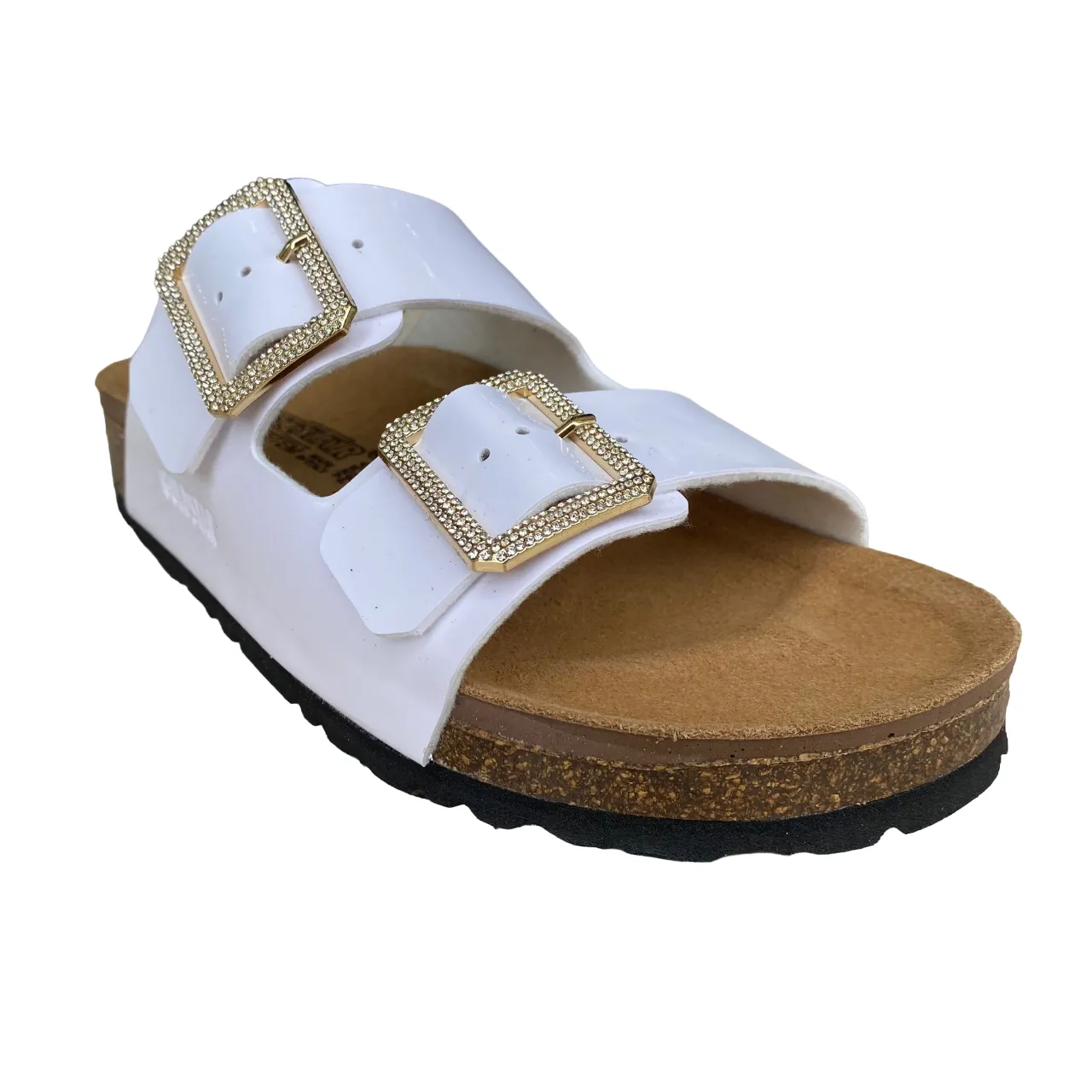 Goldstar women's slipper leather insole with 2 buckles with rhinestones GS31801QS white