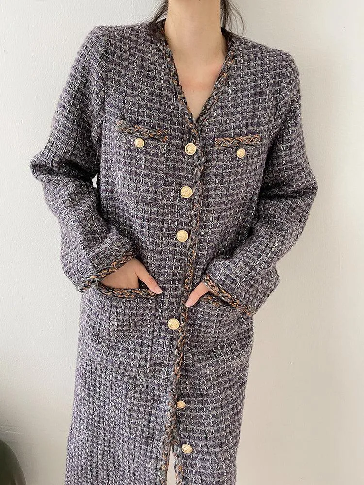 Gray Single Breasted Tweed Long Coat