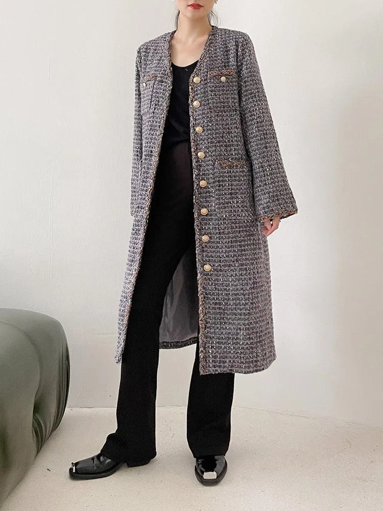 Gray Single Breasted Tweed Long Coat