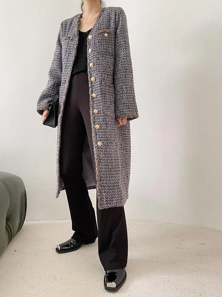 Gray Single Breasted Tweed Long Coat