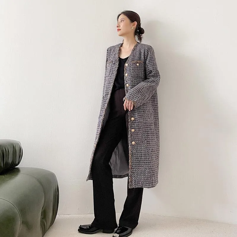 Gray Single Breasted Tweed Long Coat