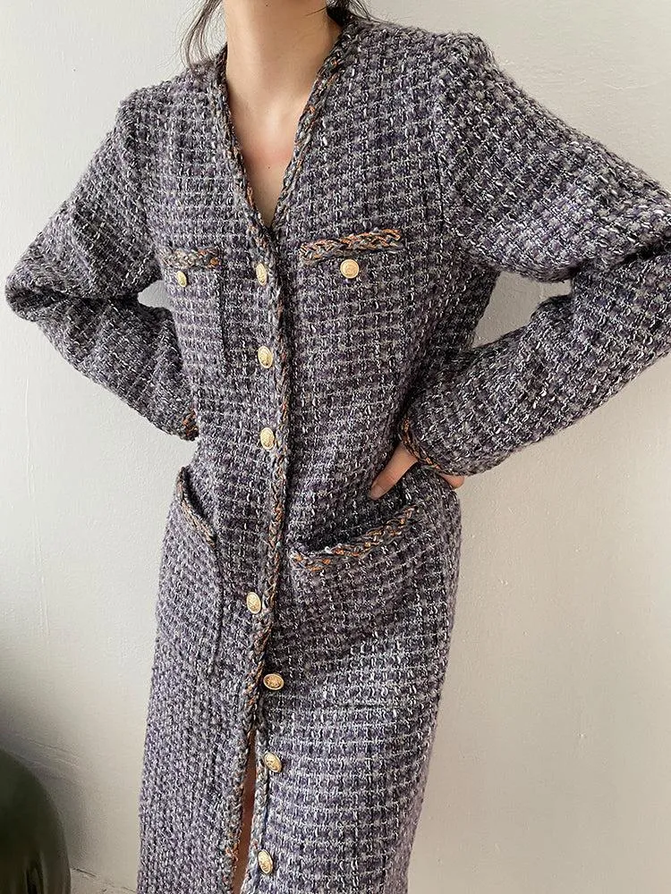 Gray Single Breasted Tweed Long Coat