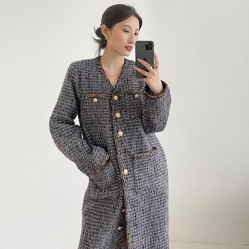 Gray Single Breasted Tweed Long Coat