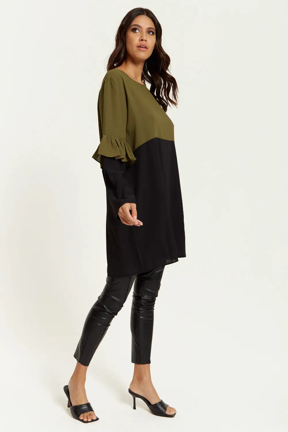 Hoxton Gal Colour Block Satin Tunic With Frill Detail Sleeve