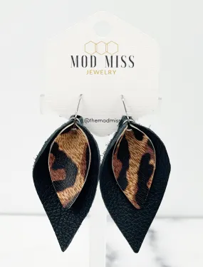 Leather Stacked Petal Earring Leopard Urban on Black