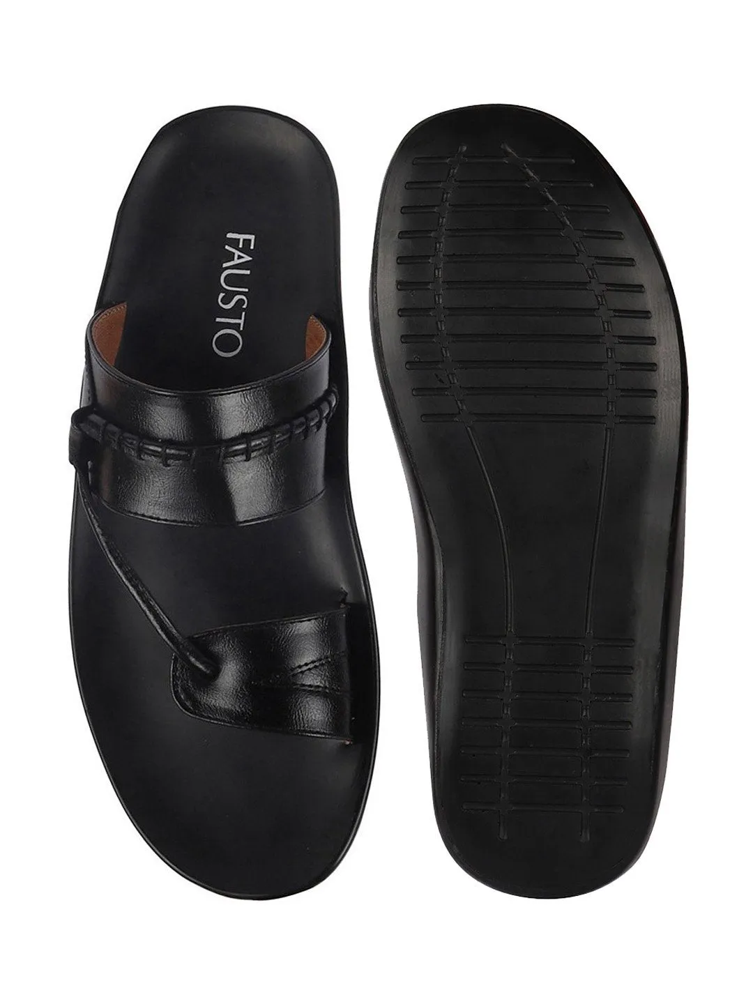 Men Black Slip On Stylish Toe Ring Slippers