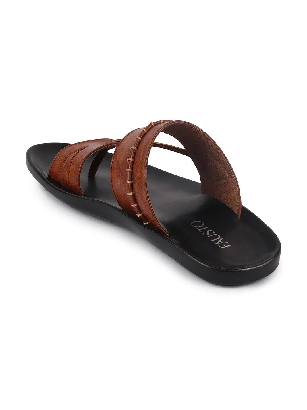 Men Tan Slip On Stylish Toe Ring Slippers