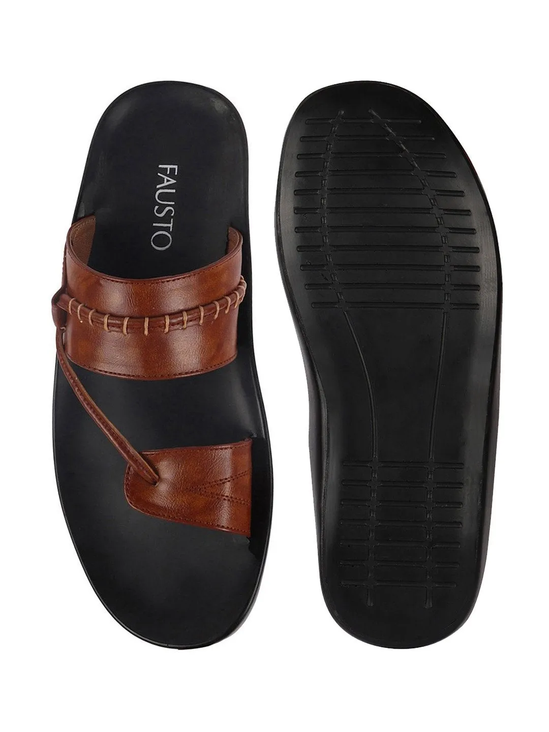 Men Tan Slip On Stylish Toe Ring Slippers