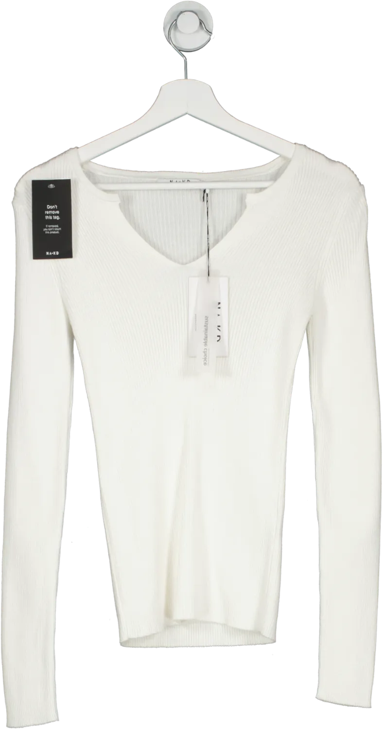 NA-KD Cream V Detail Light Rib Knit Sweater UK XS