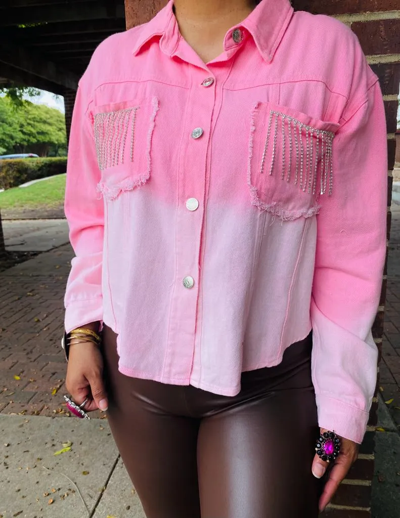 Pink & Blush Crop denim jacket with bling fringe pockets