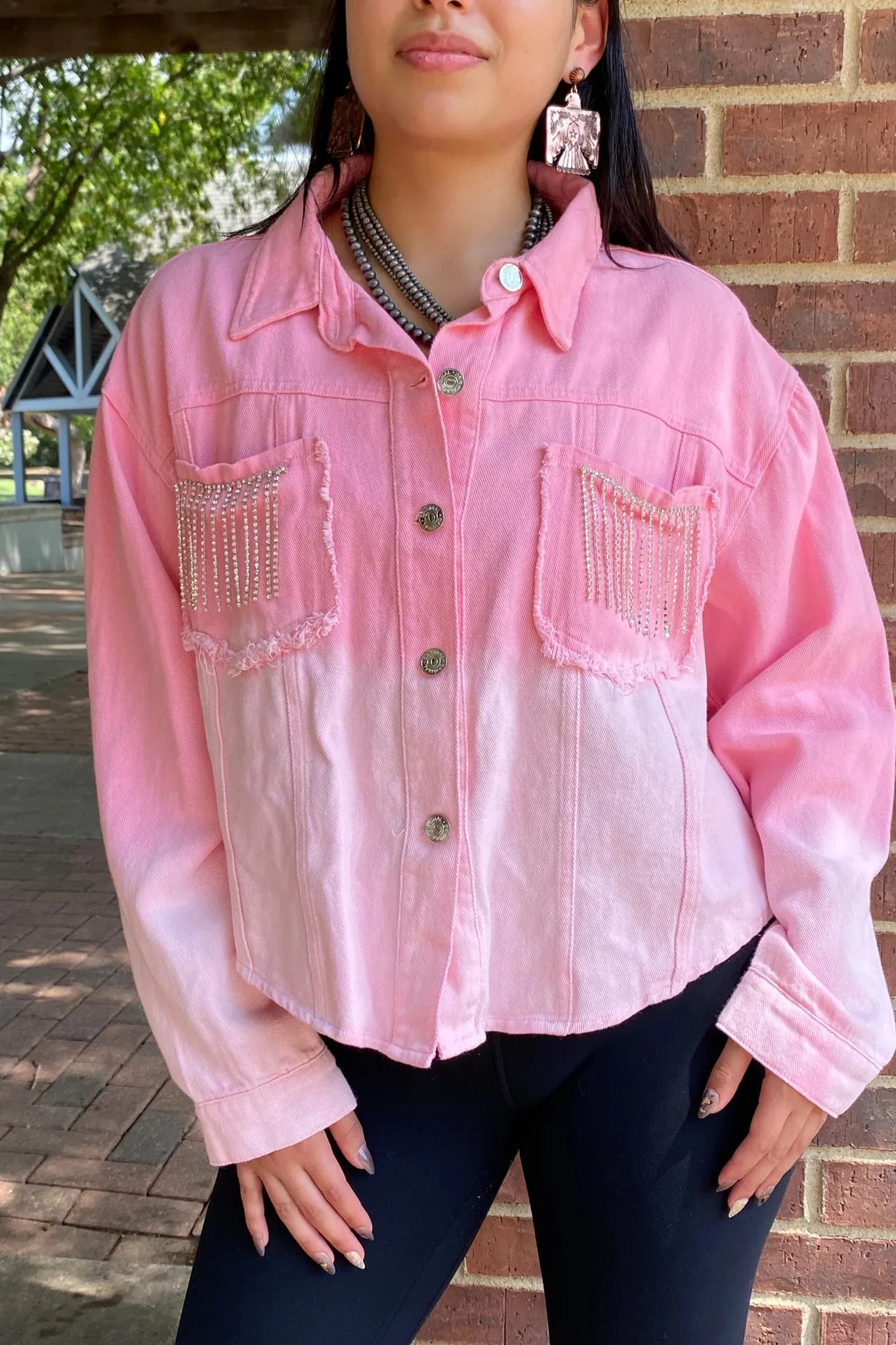 Pink & Blush Crop denim jacket with bling fringe pockets