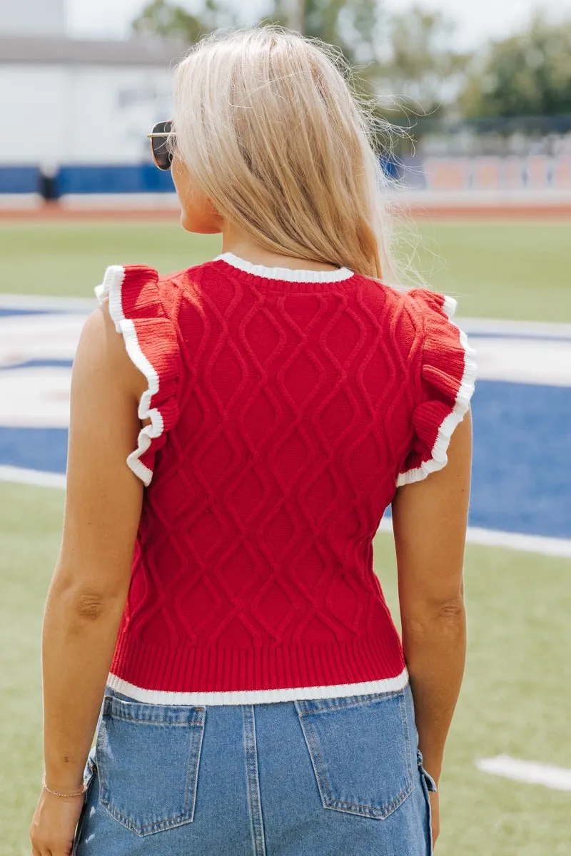 Ruffled Cable Knit Sweater - Red