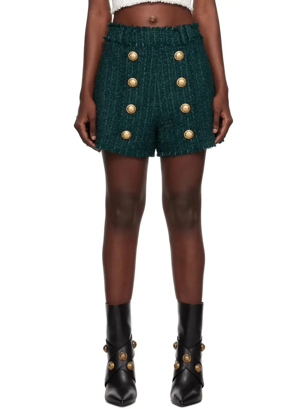 Women’s Button-Embellished Green Tweed Shorts