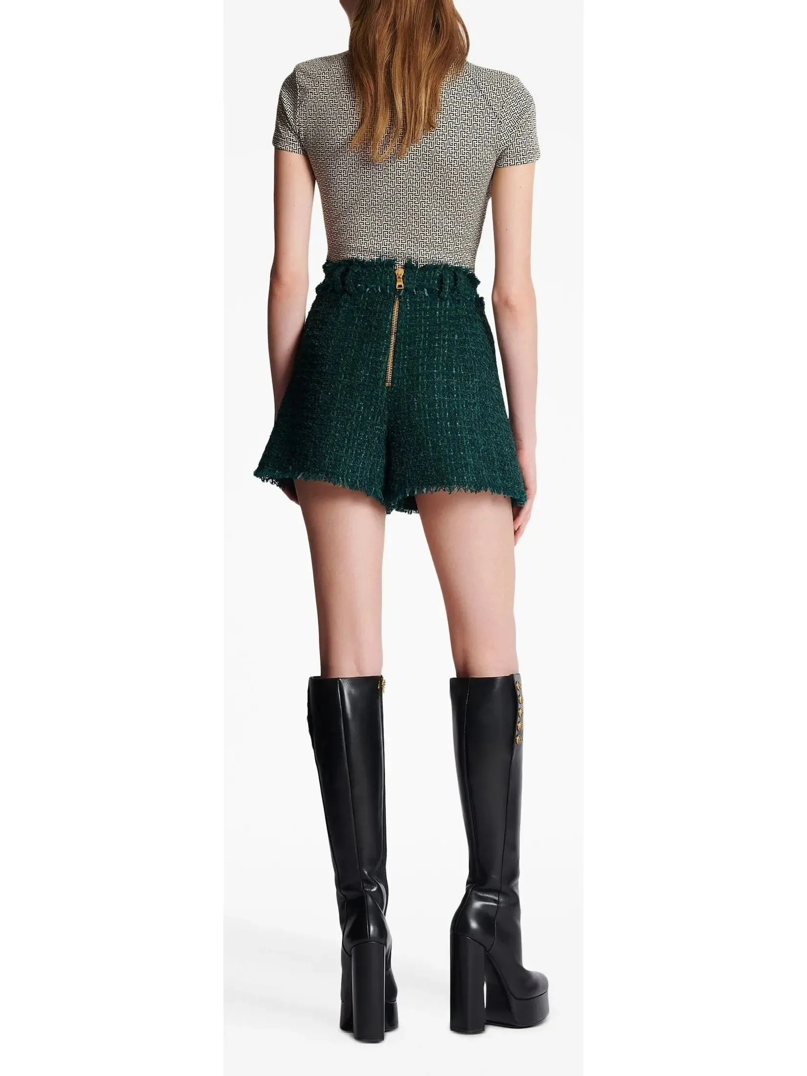 Women’s Button-Embellished Green Tweed Shorts