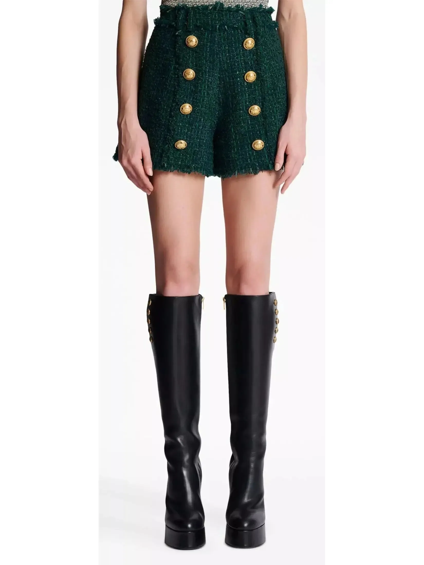 Women’s Button-Embellished Green Tweed Shorts