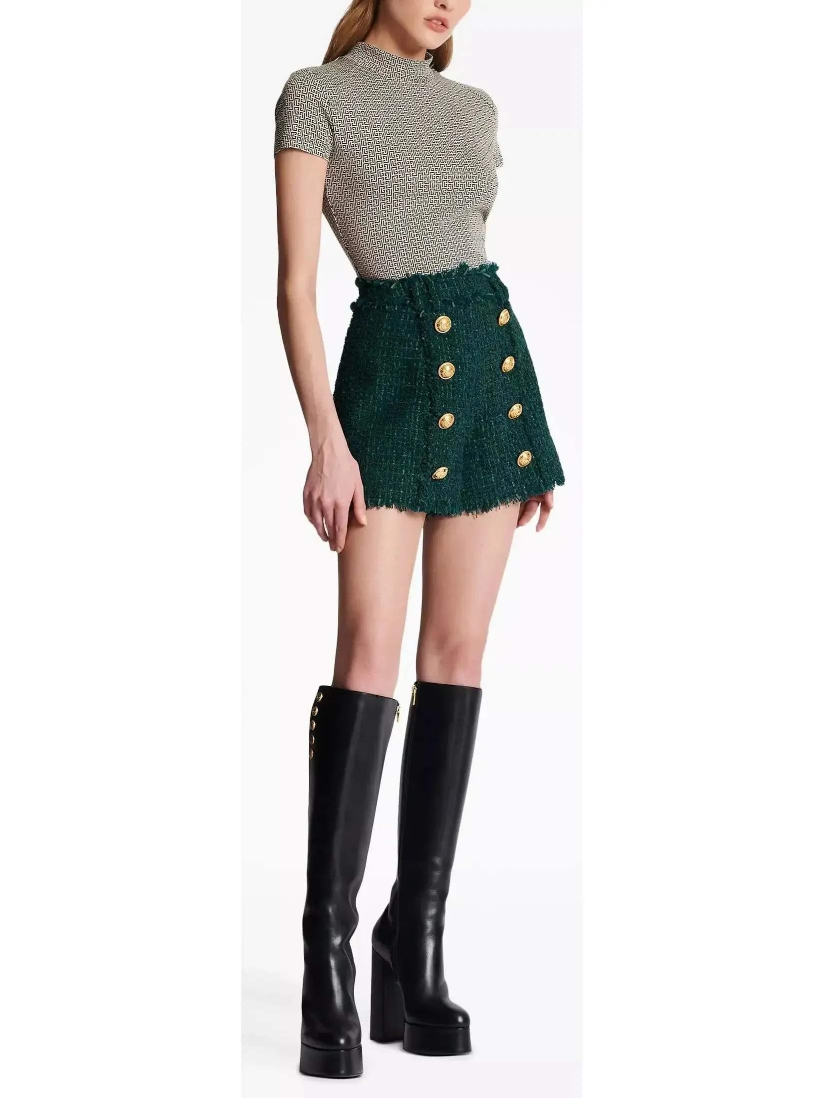 Women’s Button-Embellished Green Tweed Shorts