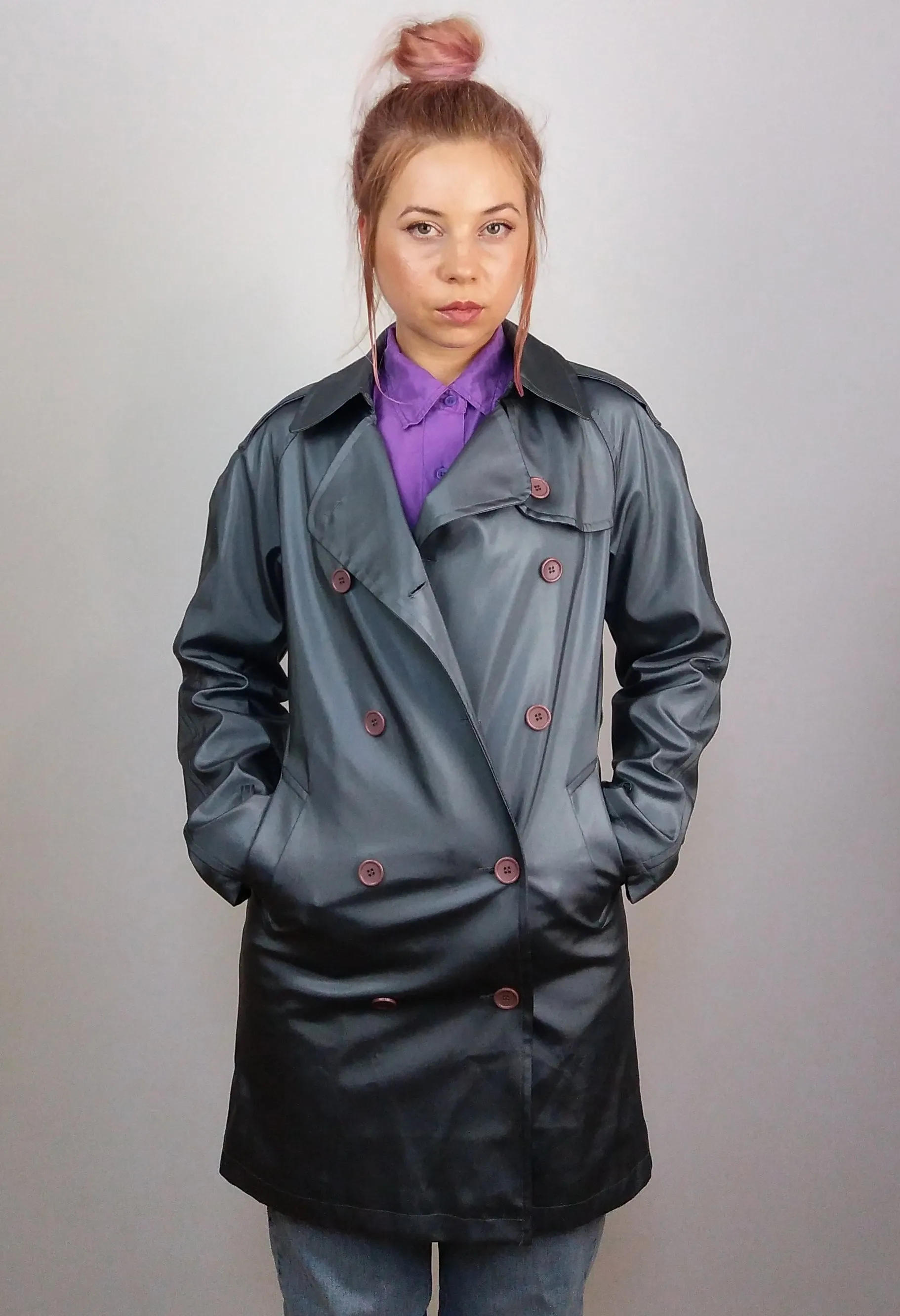 Y2K Shiny Trench-coat PVC in Liquid Grey - size XS-S