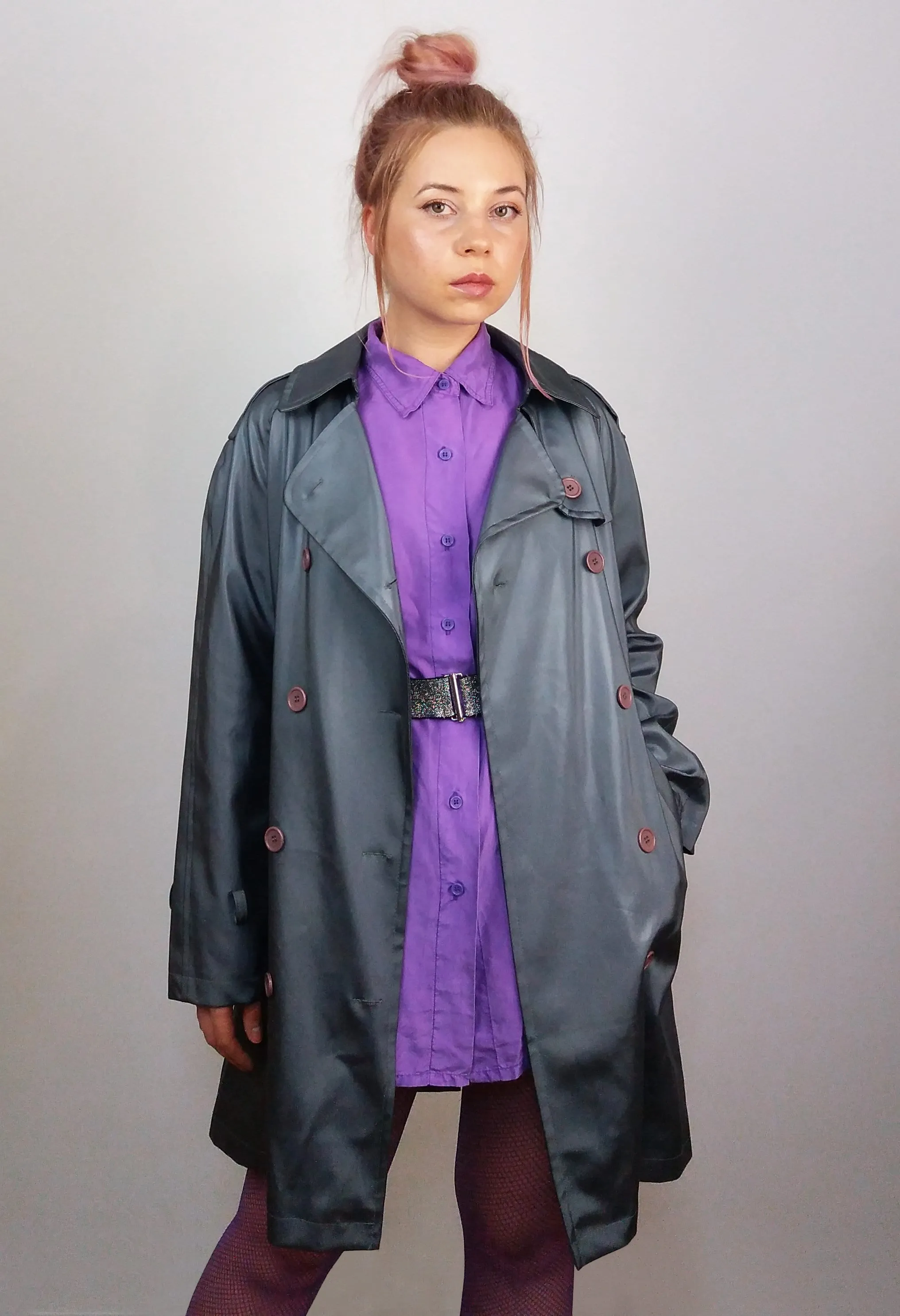 Y2K Shiny Trench-coat PVC in Liquid Grey - size XS-S